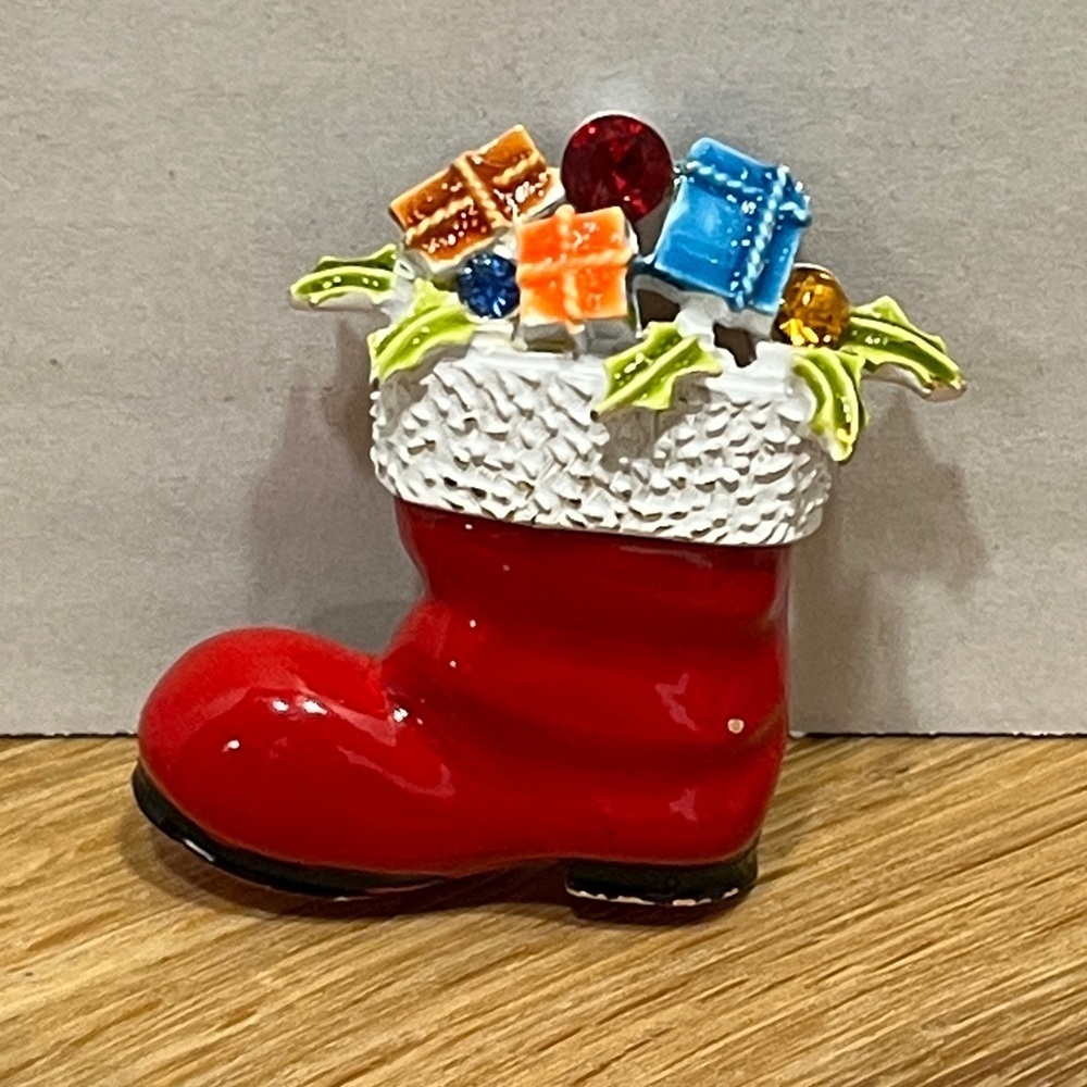 Vintage ART Christmas Enameled Brooch Santa’s Boot filled w/ Presents Xmas Pin